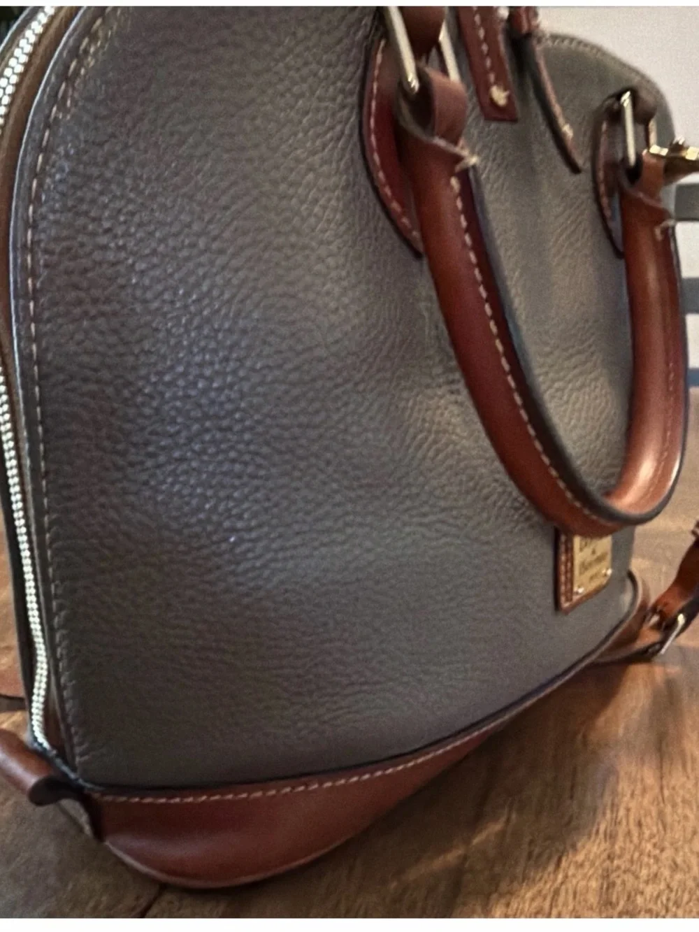 Dooney & Bourke Pebble Grain Zip Zip Satchel with Brown Trim